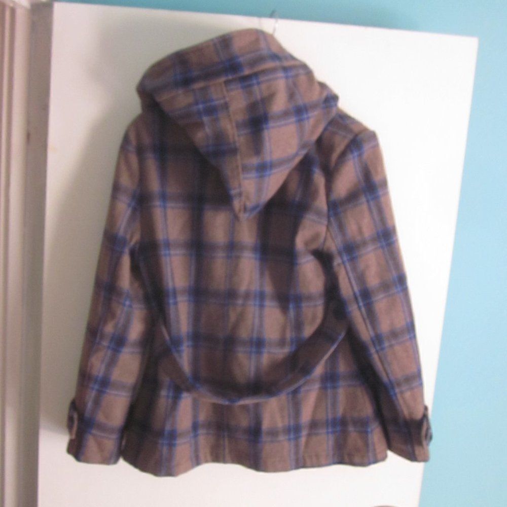 V Los Angeles Womens Size L Blue Gray Plaid Wool Hoodie Zip Front Jacket